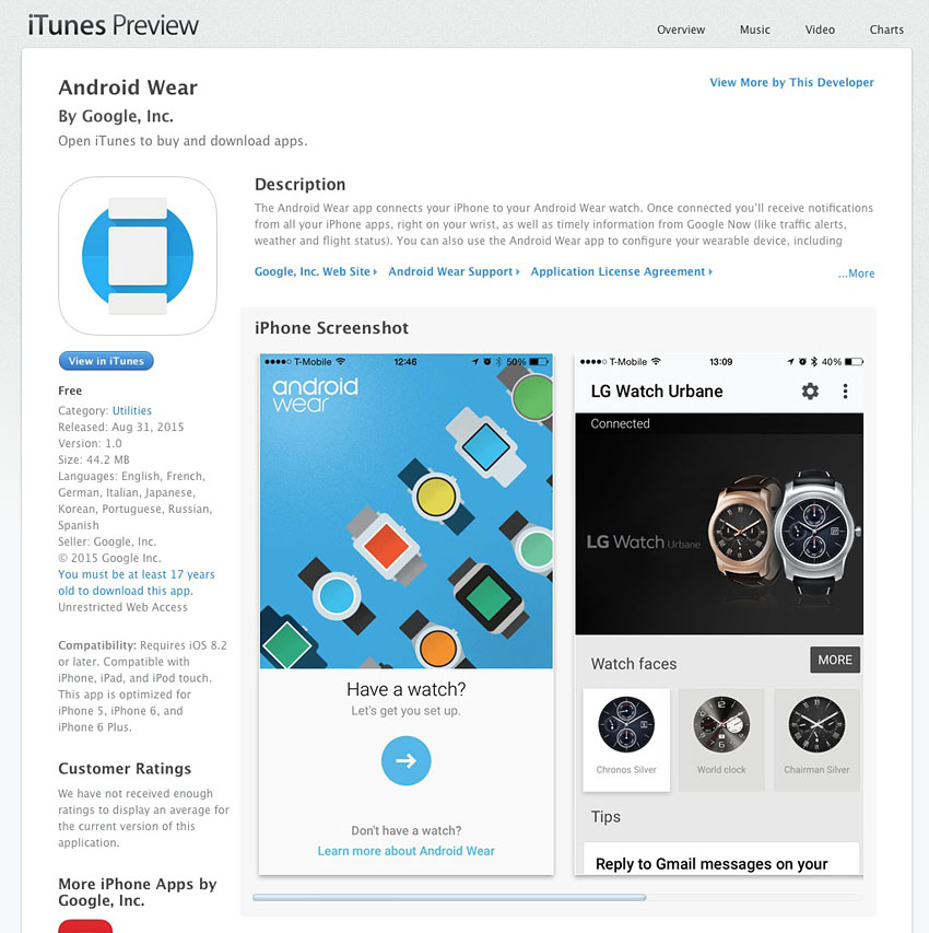 Android wear ios itunes store