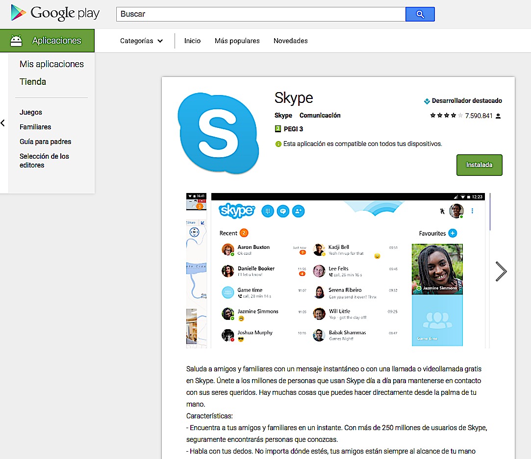 Pantalla Skype Play Store