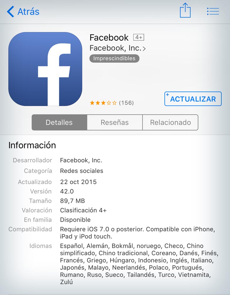 Actualizacion facebook 42 iOS
