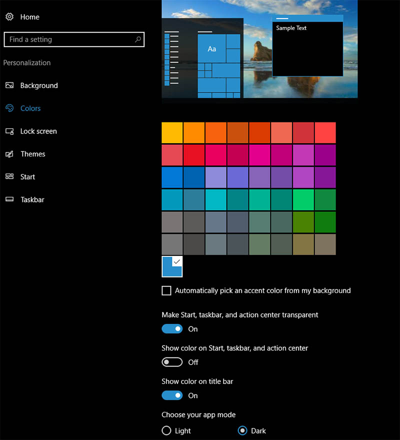 Interfaz oscura Windows 10