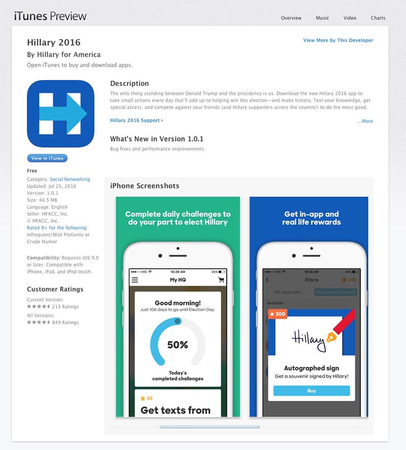 Hillary 2016 App App store