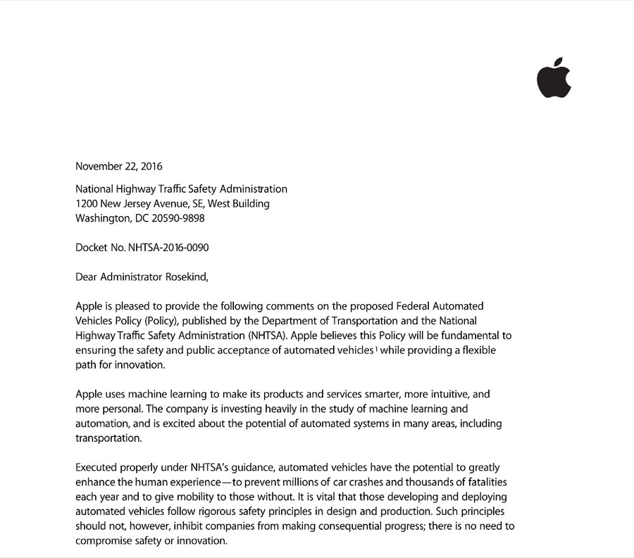 La carta de Apple a la NHTS pide una reducción de los procesos administrativos para las pruebas de vehículos autónomos.