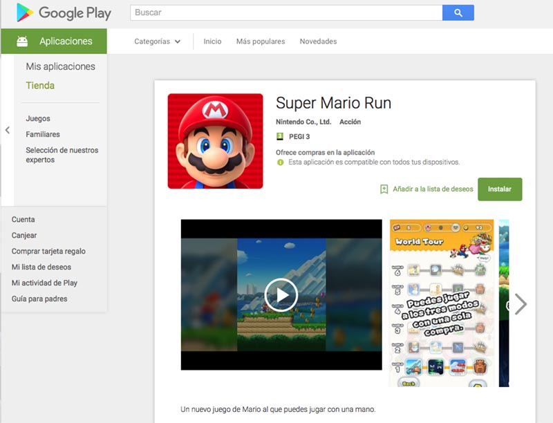 Super Mario Run en la tienda Google Play
