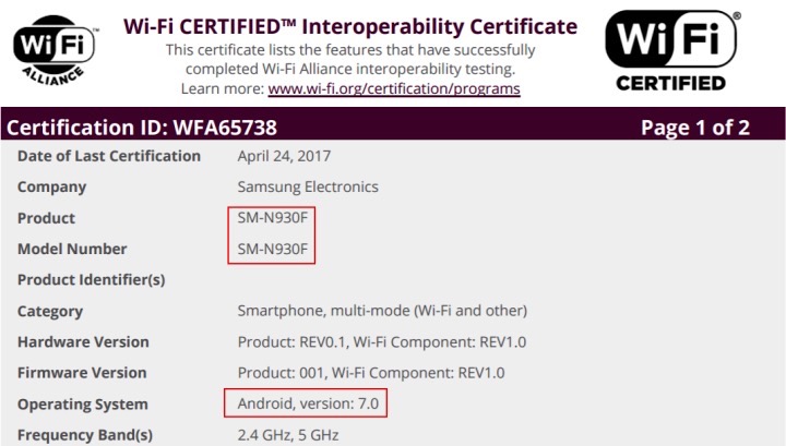 Certificación Wi-Fi Galaxy Note 7
