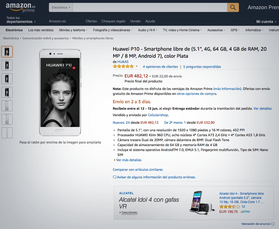 El Huawei P10, por sólo 502 euros en Amazon