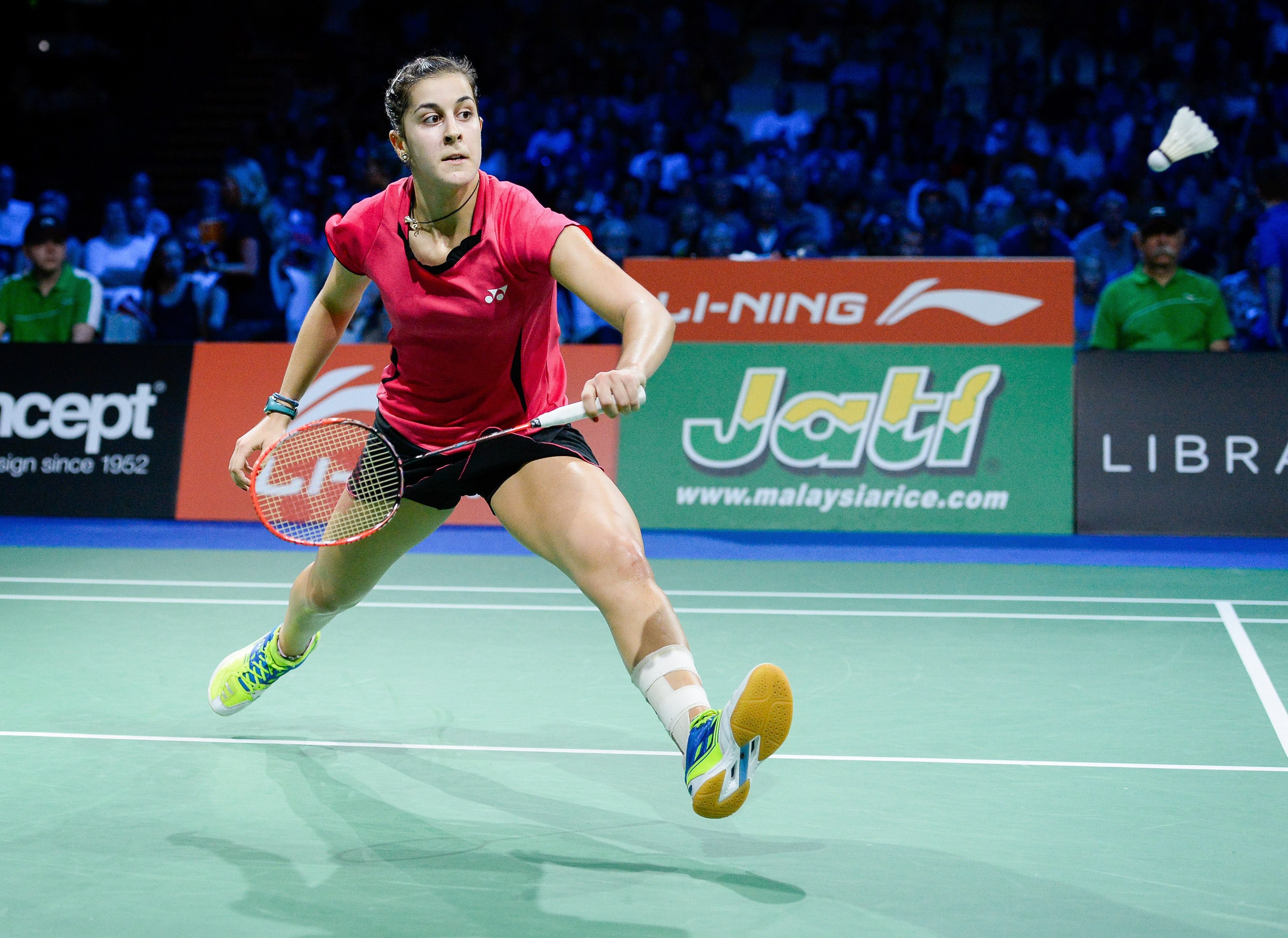 Spain’s Carolina Marin competes against India’s Sindhu P.V.during the womens single semi final match at the 2014 BWF Badminton World championships held at the Ballerup Super Arena in Copenhagen on August 30, 2014. AFP PHOTO/JONATHAN NACKSTRAND