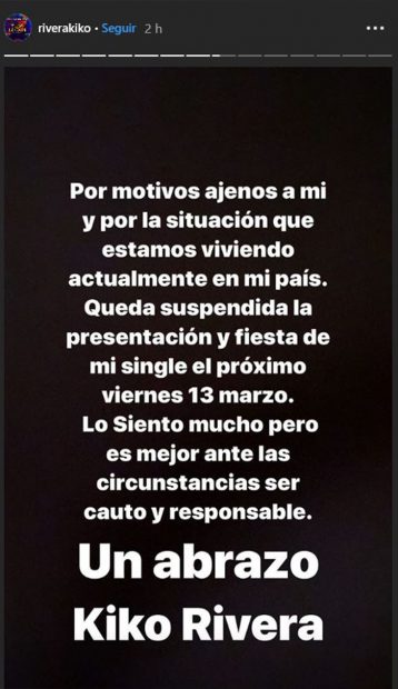 Texto de Kiko Rivera en el que dice que suspende la fecha de presentación de su nuevo single / Imagen de Instagram