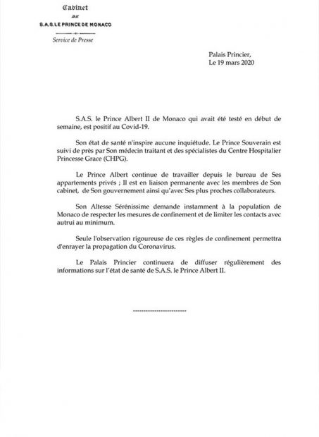 El comunicado de la Casa Grimaldi en el que informaban acerca del positivo de Alberto de Mónaco en coronavirus / GTRES