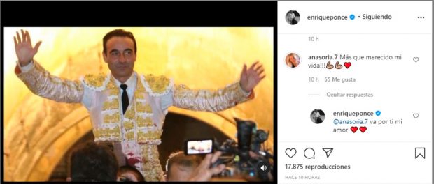 "Va por ti", ha escrito Ponce en su perfil de Instagram en respuesta a la dedicatoria de su novia/@enriqueponce