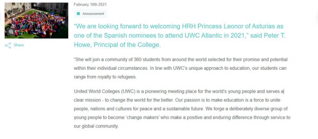 Comunicado bienvenida Leonor UWC Atlantic College