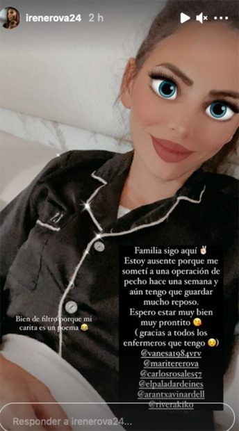 Irene Rosales ha contado a través de su perfil de Instagram cómo se encuentra tras ser intervenida hace una semana en una clínica de Sevilla./Instagram @irenerova