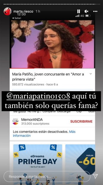 Marta Riesco en stories / Instagram