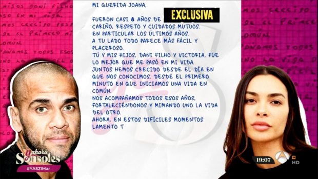 Carta de Dani Alves a Joana Sanz en 'Y ahora Sonsoles'. / Antena 3