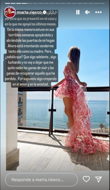 Storie de Marta Riesco hablando sobre su distanciamiento de Nuria de 'Modaresiliencia'. / Instagram