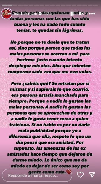 Storie de Marta Riesco hablando sobre su distanciamiento de Nuria de 'Modaresiliencia'. / Instagram