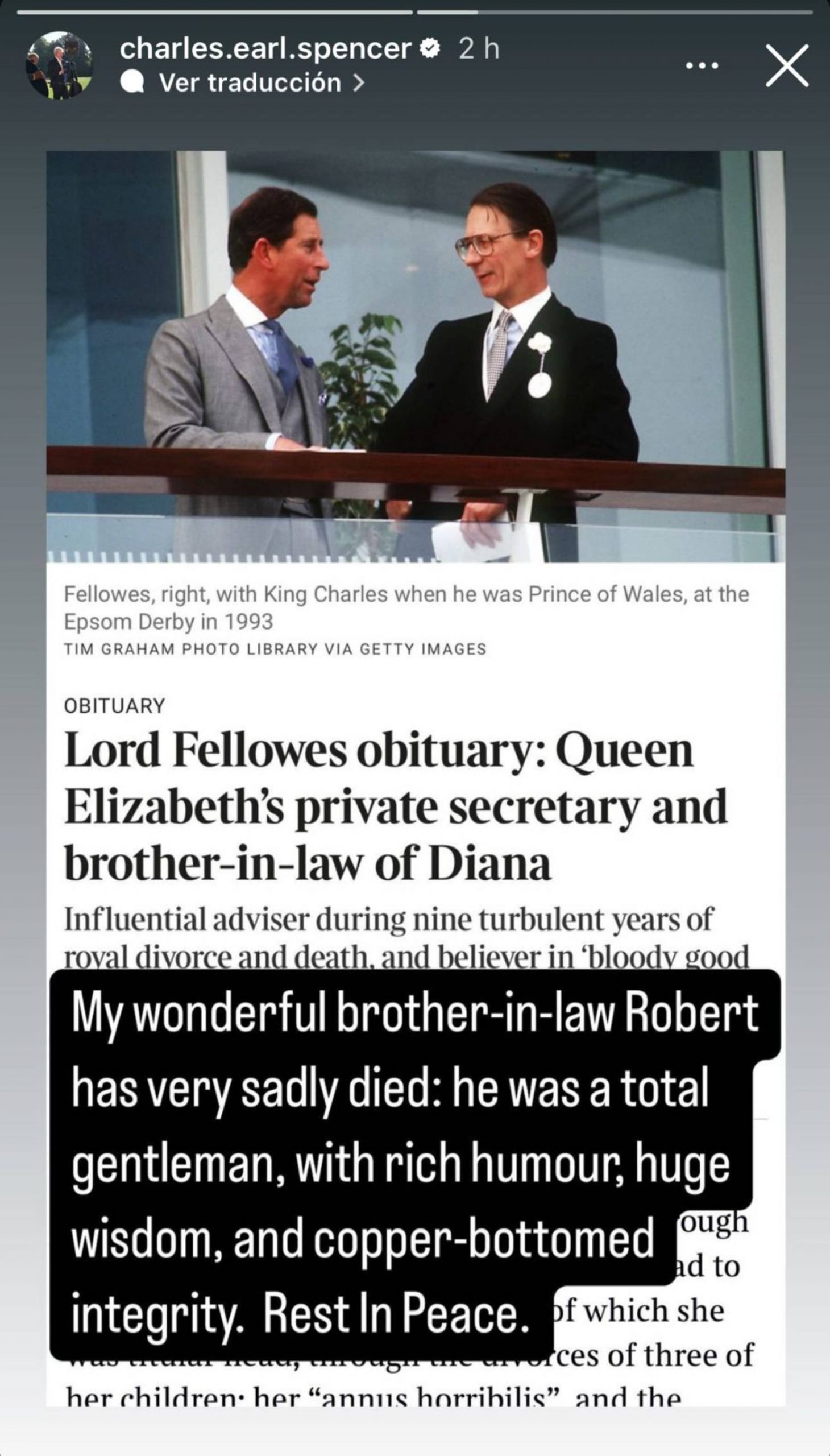 Robert Fellowes, cuñado Lady Di, muere Fellowes