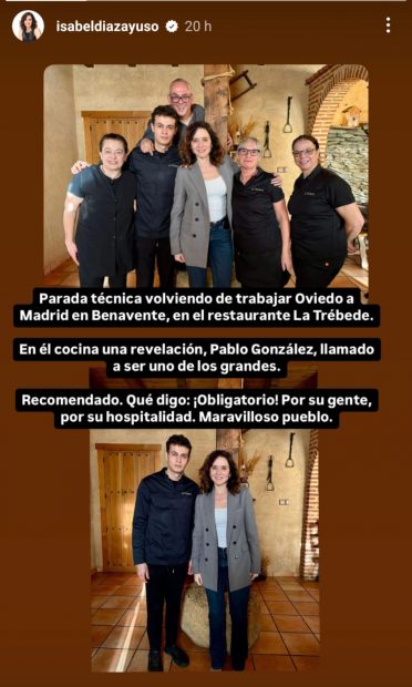 Isabel Díaz Ayuso junto al personal del restaurante La Trébede. (Foto: Instagram)