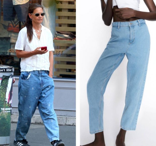 Katie Holmes con vaqueros anchos / modelo parecido en Zara.