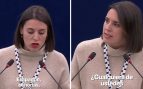 La imagen muestra a Irene Montero, exministra española, durante un discurso en el Parlamento Europeo. (Foto: Redes Sociales)