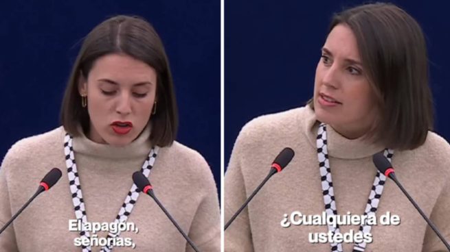 La imagen muestra a Irene Montero, exministra española, durante un discurso en el Parlamento Europeo. (Foto: Redes Sociales)