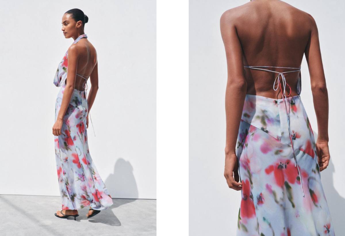 Vestido floral con escote halter y espalda descubierta. (Zara)