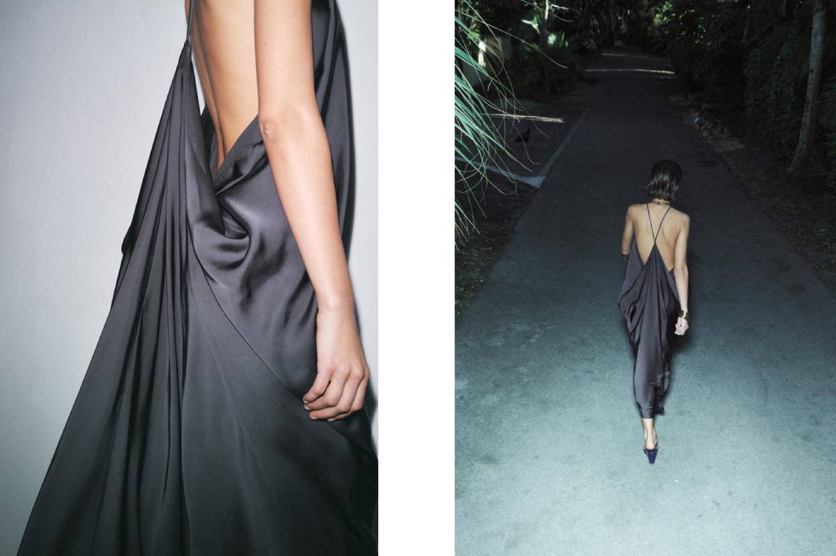 Vestido satinado negro de Zara con tirantes finos.