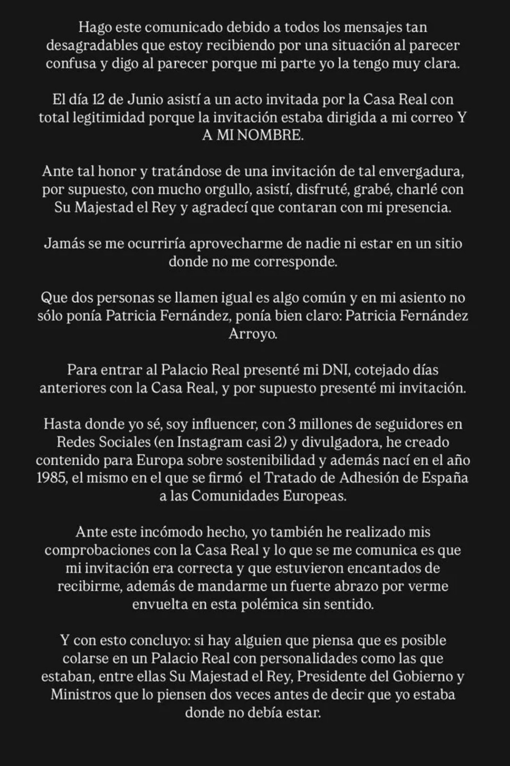 El comunicado de la 'otra' Patricia Fernández sobre su asistencia al acto. (Foto: @patriciawhitehouse)
