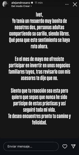 Story de Instagram de Alejandro Sanz. (Foto: RRSS)