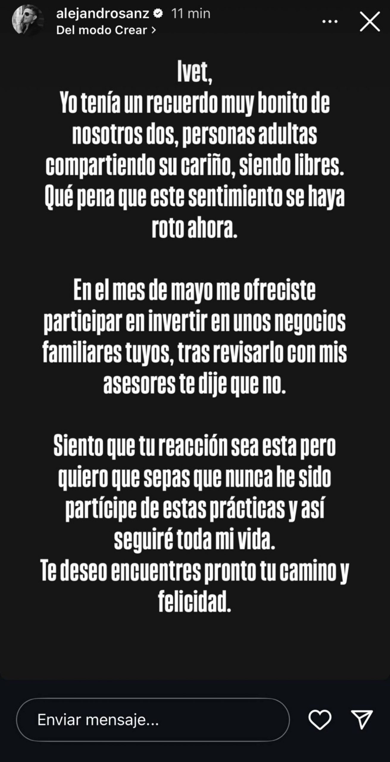 Story de Instagram de Alejandro Sanz. (Foto: RRSS)