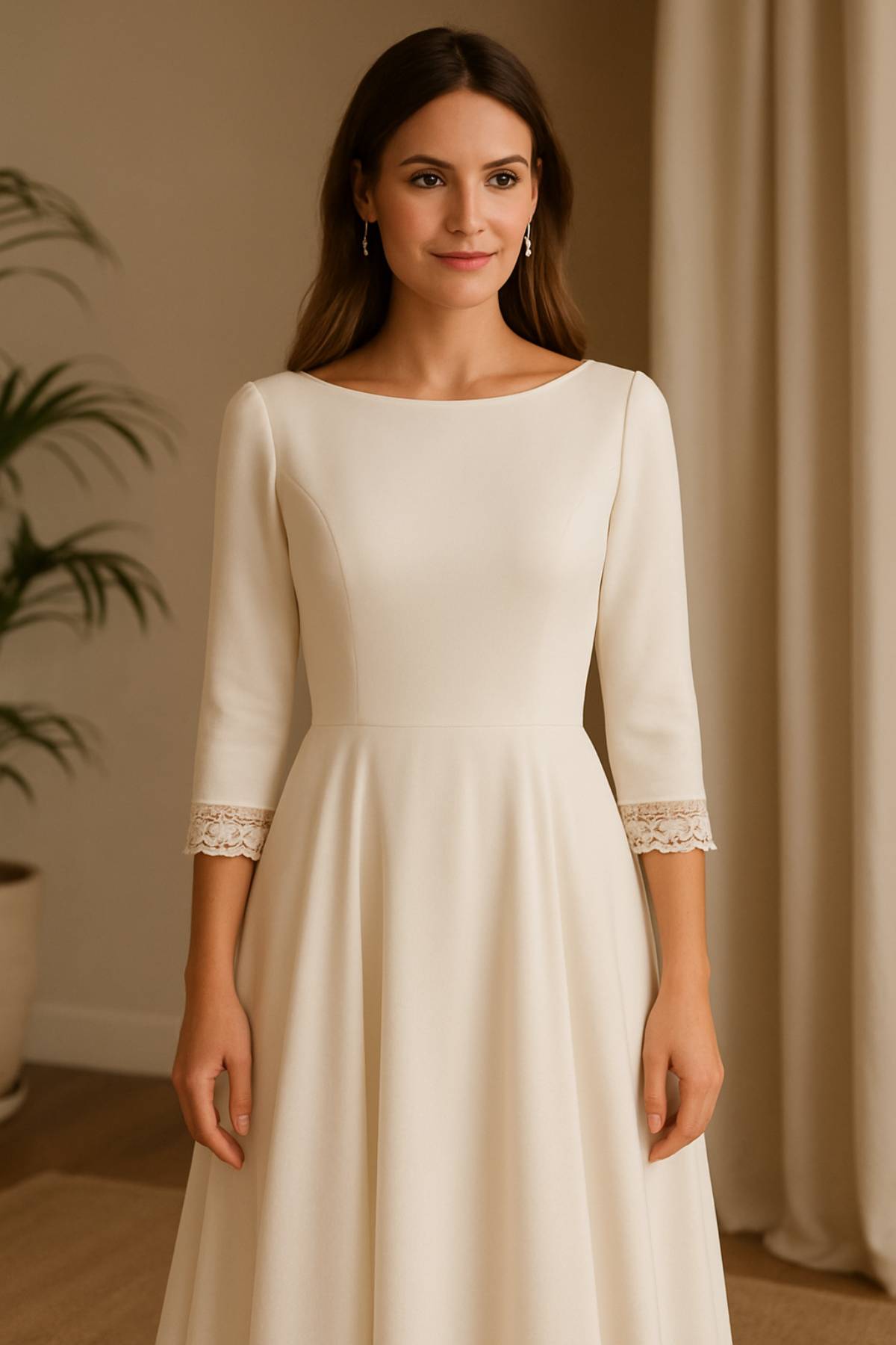 Vestido de líneas muy rectas, sin escote delantero, con mangas largas y corte limpio. (Creado c