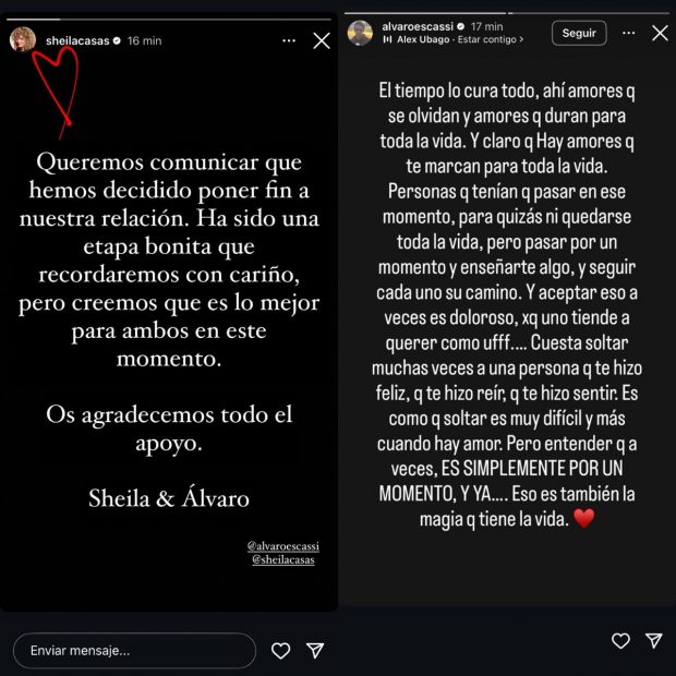 Álvaro Muñoz Escassi y Sheila Casas anuncian su ruptura a través de sus perfiles sociales. (FOTO: REDES SOCIALES)