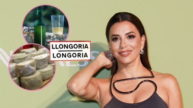 Montaje Eva Longoria, sus alimentos asturianos favoritos y el cartel de su pueblo. (Fotos: Gtres y redes sociales)