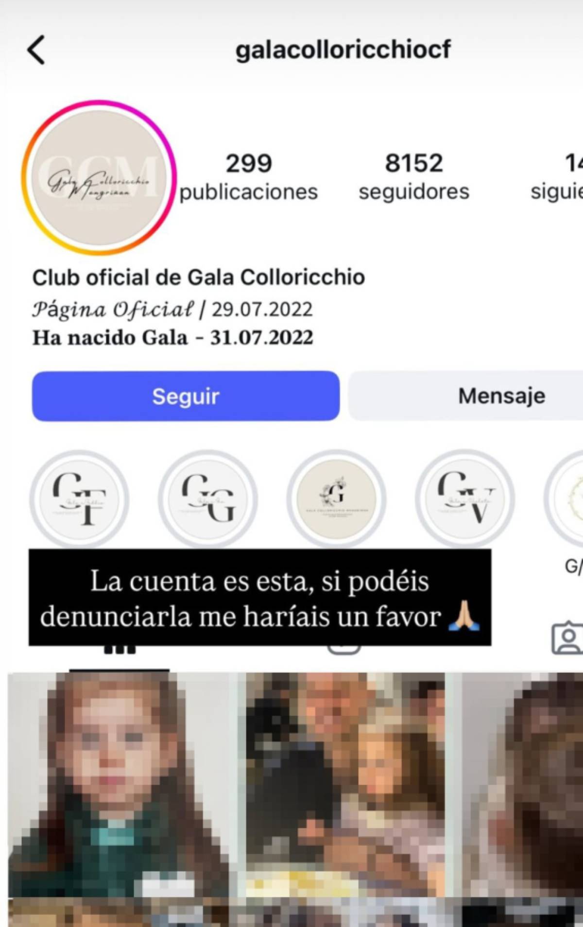 En esta imagen se muestra claramente el perfil falso de Instagram creado en nombre de Gala Colloricchio. (Redes Sociales)