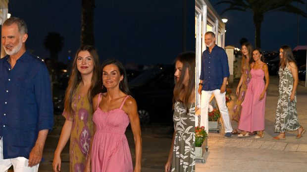 Los Reyes y sus hijas en su llegada al restaurante Mia, en Mallorca. (FOTOS: GTRES)