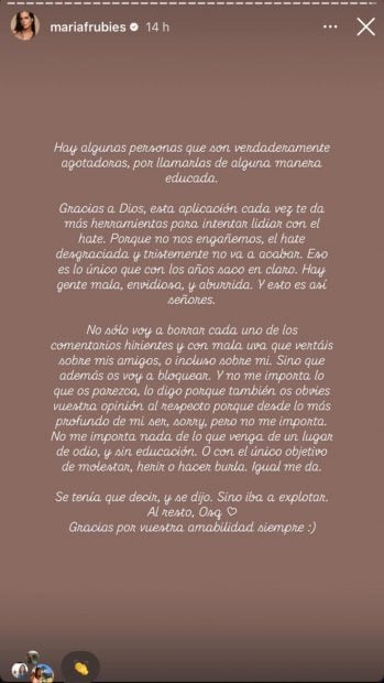 El comunicado de María Fernández-Rubíes. (FOTO: REDES SOCIALES)