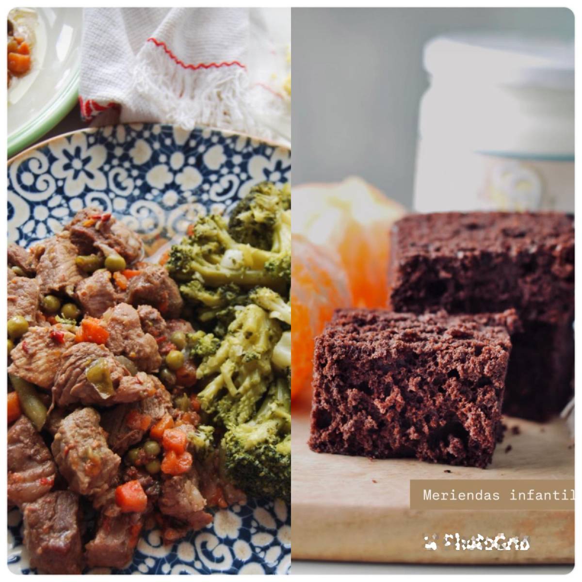 Un plato principal con carne guisada en trozos, mezclada con guisantes y zanahoria.