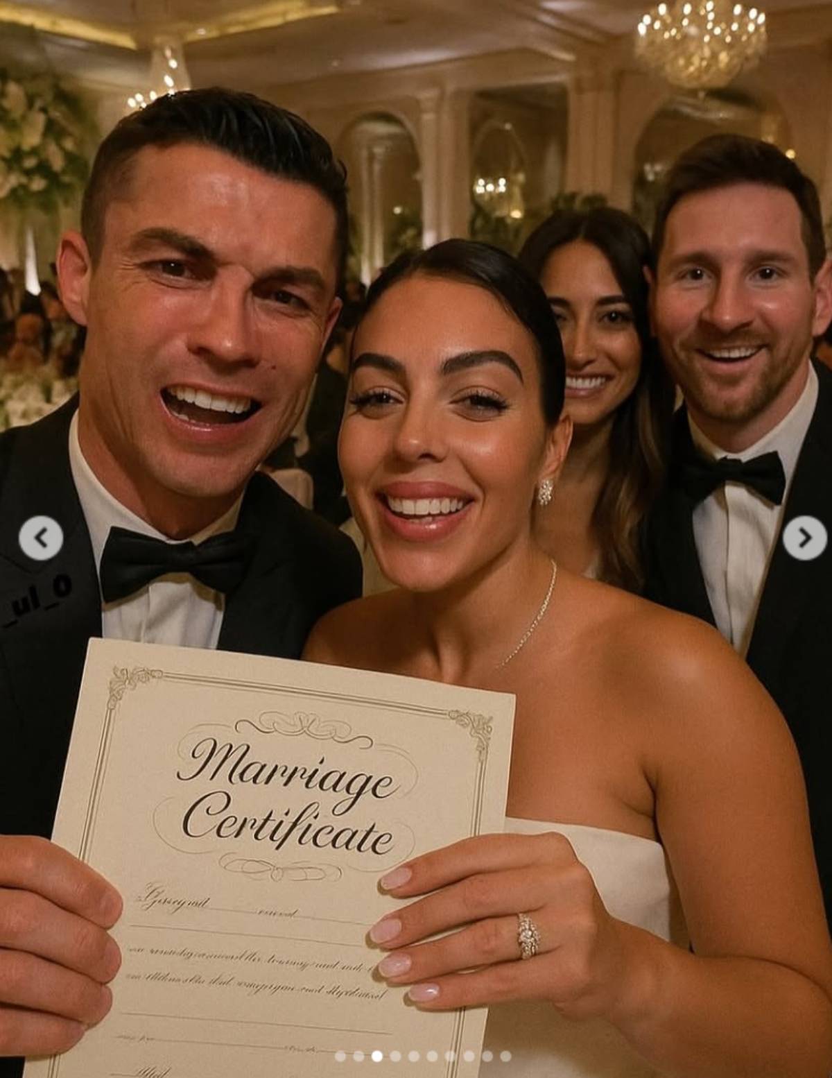 Cristiano y Georgina exhiben un "Marriage Certificate", con Messi y Antonela como inesperados testigos al fondo. (Creado con IA)