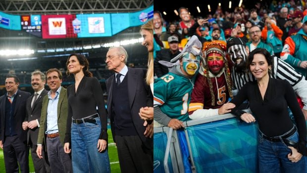 La Presidenta de la Comunidad de Madrid no dudó en acercarse a la grada del Bernabéu para hacerse fotos con los aficionados. (Fotos: Gtres)