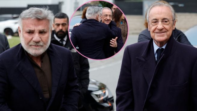 Florentino Pérez arropa a Joaquín Torres en la despedida de su padre. (Fotos: Gtres)