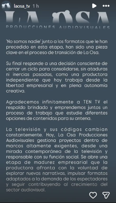 Captura del comunicado emitido por La Osa Producciones