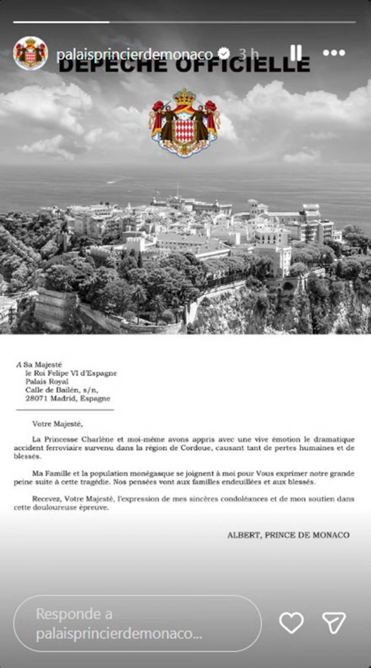 Comunicado de la Casa Real de Mónaco. (Foto: Instagram)