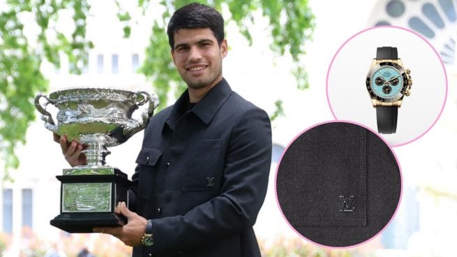 Montaje Carlos Alcaraz, chaqueta Louis Vuitton y Rolex Daytona. (Fotos: Gtres, Rolex y Louis Vuitton)