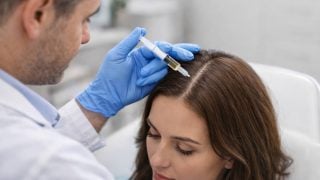 Aplicación de exosomas capilares mediante microinyecciones superficiales en consulta médica especializada. (Imagen realizada con IA)