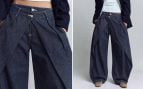 Pantalón Bershka con pliegues y cintura cruzada en tejido vaquero.