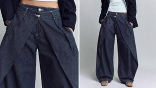 Pantalón Bershka con pliegues y cintura cruzada en tejido vaquero.