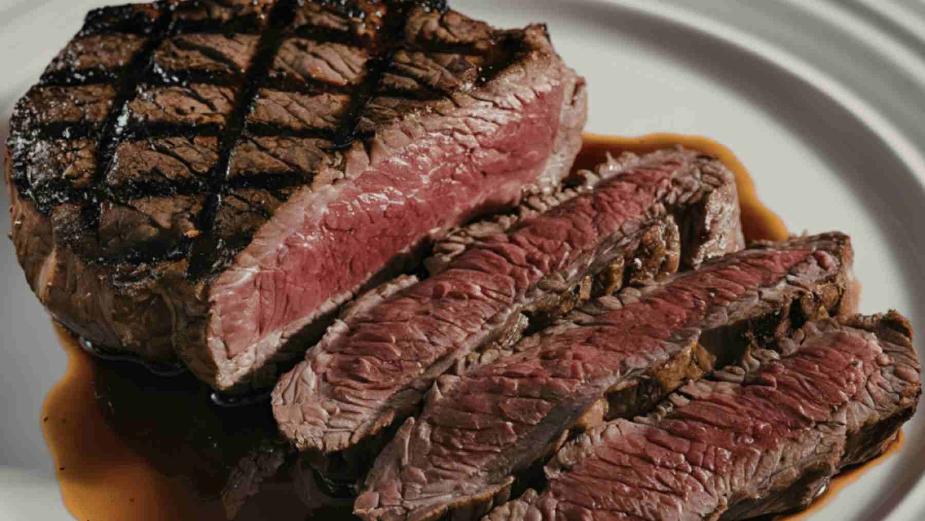 Grilled medium-rare steak sliced on a plate, used as a reference for protein comparison