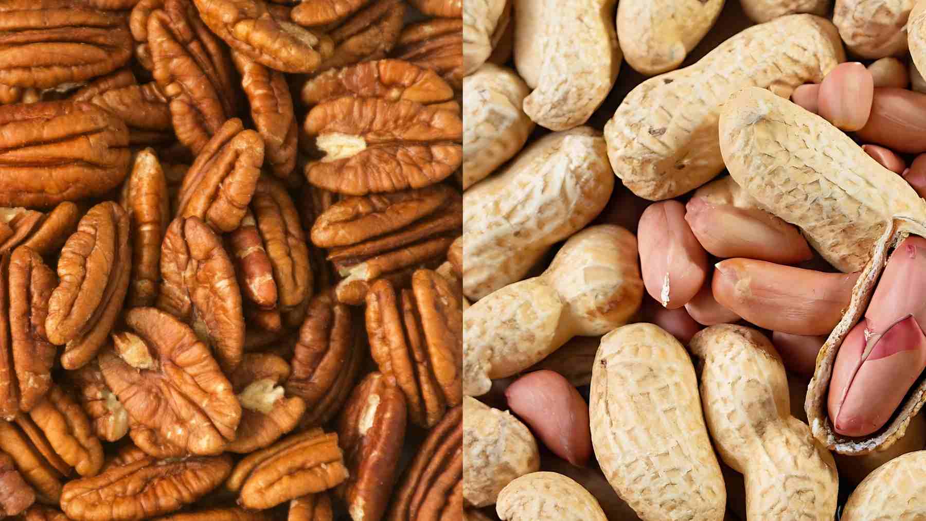 Close-up image of pecans and peanuts comparing two foods linked to heart health and cholesterol support
