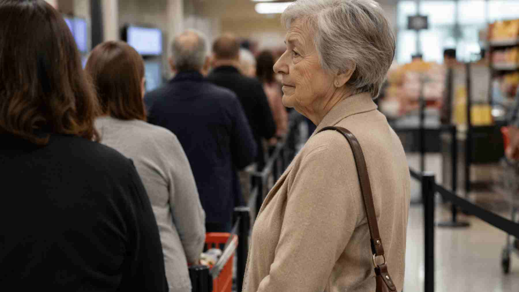 Older woman in a supermarket line, calmly waiting as shoppers queue behind her, showing situational awareness in a busy checkout area