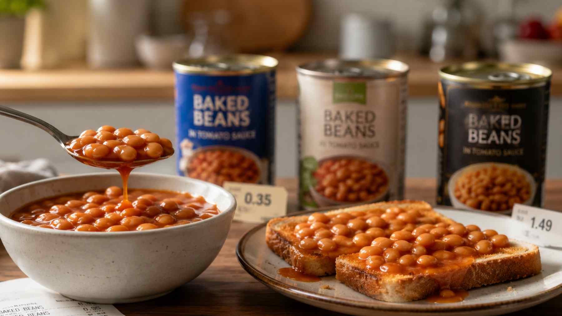 Baked beans on toast with cans and price tags after Aldi and Lidl beat Heinz in a blind taste test