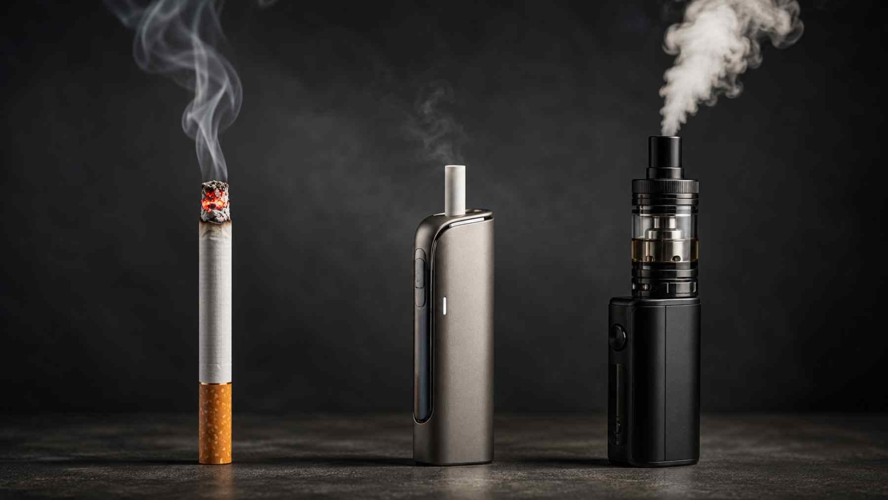Cigarette, heated tobacco device, and vape shown side by side in a study about smoking alternatives.